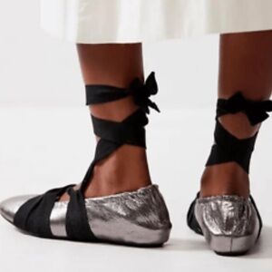 Elegant Silver Ballet Flats with Black Ribbon